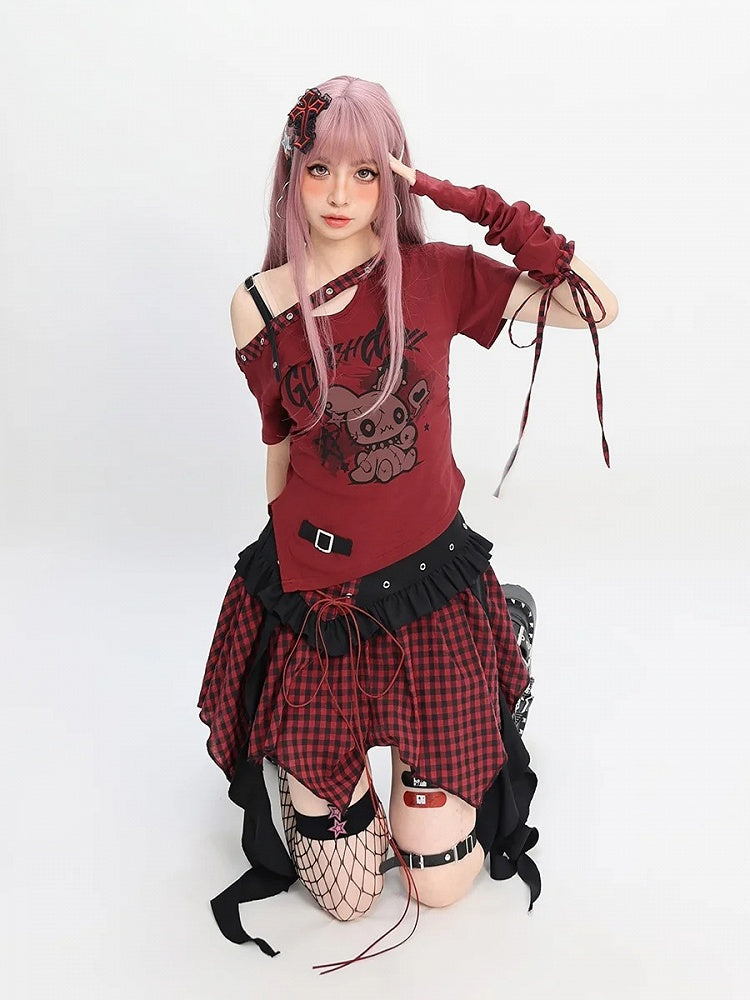 Y2K Red & Black/Black & Gray Plaid Handkerchief Hem Skirt with Lace-up Detail