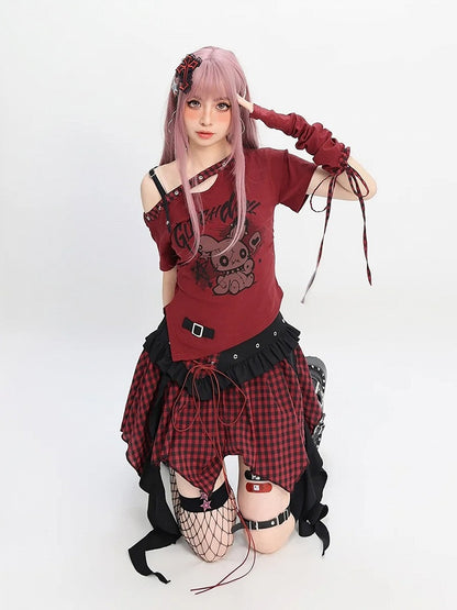Y2K Red & Black/Black & Gray Plaid Handkerchief Hem Skirt with Lace-up Detail