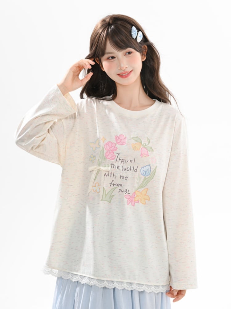 Sweet Floral Print Lace Trim Biege/Pink Round Neck Top