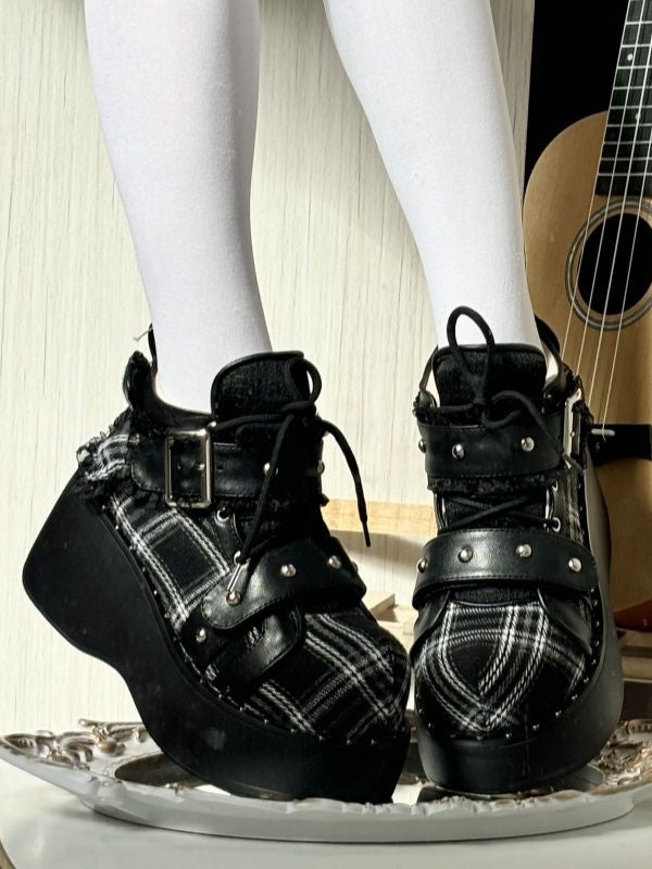 Black Gothic Platform Shoes - Triple Fastening System with Studs & Plaid Pattern