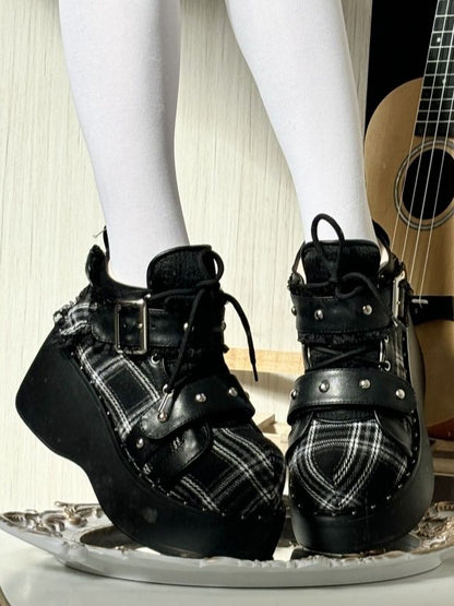 Black Gothic Platform Shoes - Triple Fastening System with Studs & Plaid Pattern