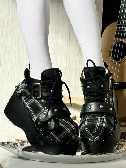 Black Gothic Platform Shoes - Triple Fastening System with Studs & Plaid Pattern