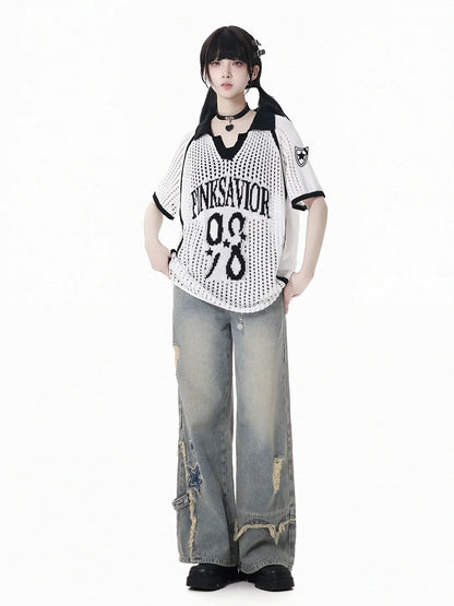 Blue Star Appliques Raw Hem Distressed Wide-leg Jeans with Waist Chain