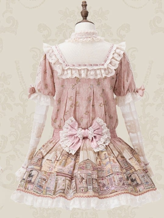 Pink Ruffle Neckline Sweet Lolita Dress with Fairytale Town Print and Lace Trim