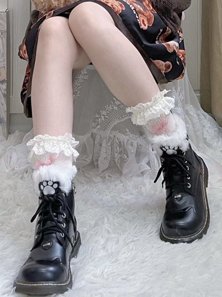 Black Cat Paw Heart Buckle Design Plush Lolita Winter Martin Boots