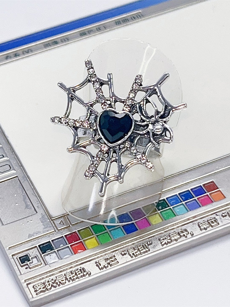 Silver/Black Y2K Punk Spider Web Heart Rhinestone Ring