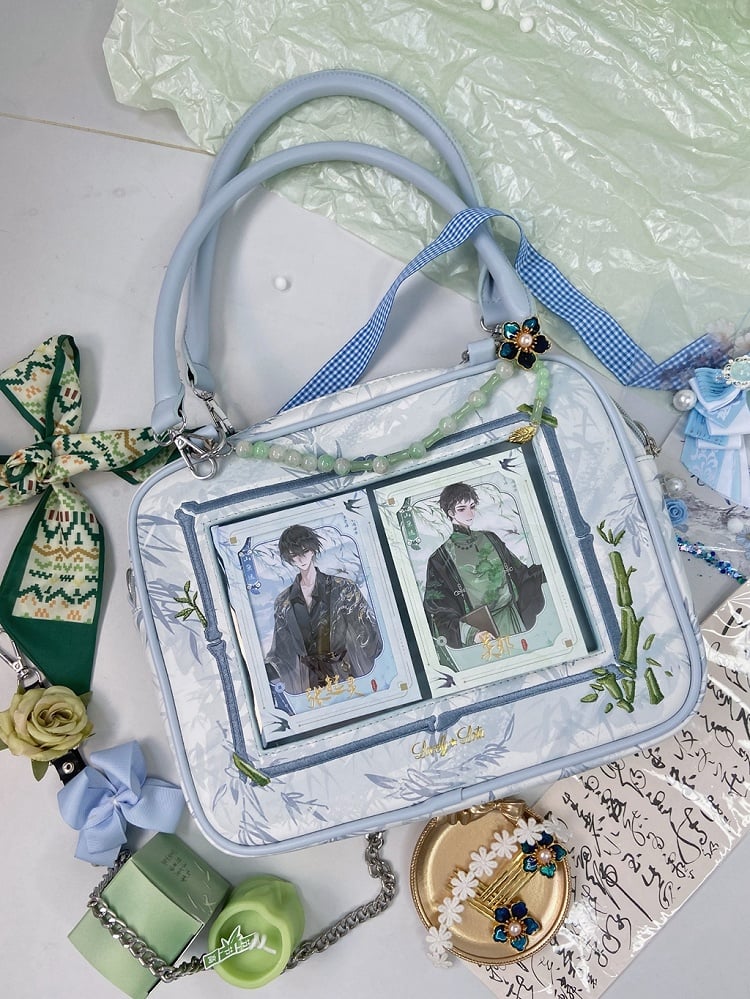 Light Blue Bamboo Leaf Pattern Cheongsam Style Ita Shoulder Bag with Detachable Beaded Chain