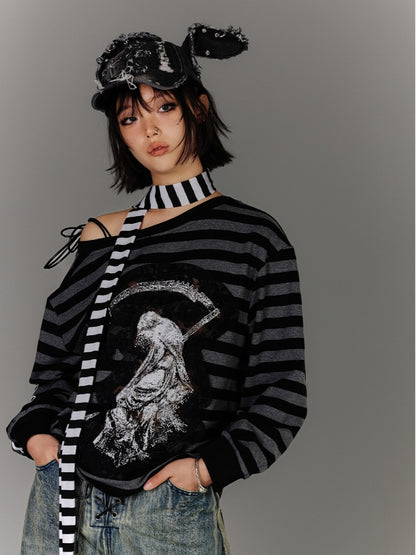 Black & Gray Stripes Drawstring Design Asymmetrical Neckline Applique Punk Top