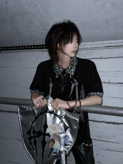 Y2K T-Shirt with Leopard Patchwork and Cross Print