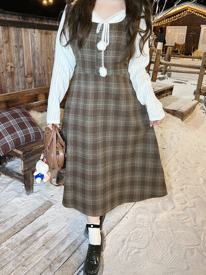Plus Size Brown High Waist Plaid Pattern Woolen Overall Dress