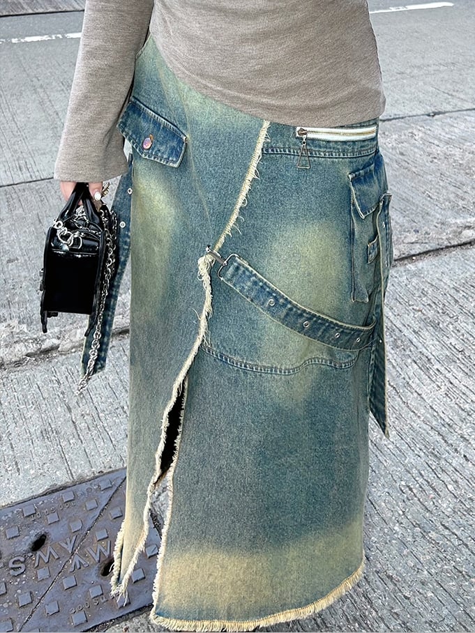Plus Size Blue High-Slit Frayed Hem Wasteland Punk Denim Skirt Cargo Pockets Design
