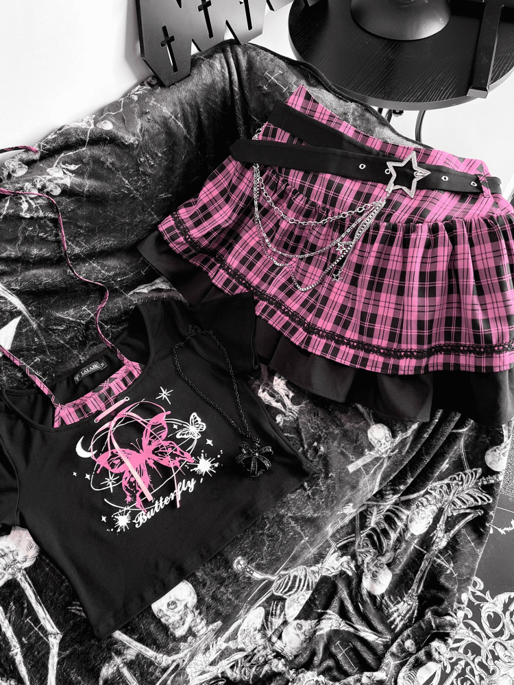 Black and Pink Punk Rock Idol Set- Butterfly Print Halter Top+ Plaid Skirt+ Buckle Belt+ Waist Chain