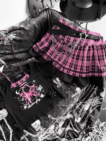 Black and Pink Punk Rock Idol Set- Butterfly Print Halter Top+ Plaid Skirt+ Buckle Belt+ Waist Chain