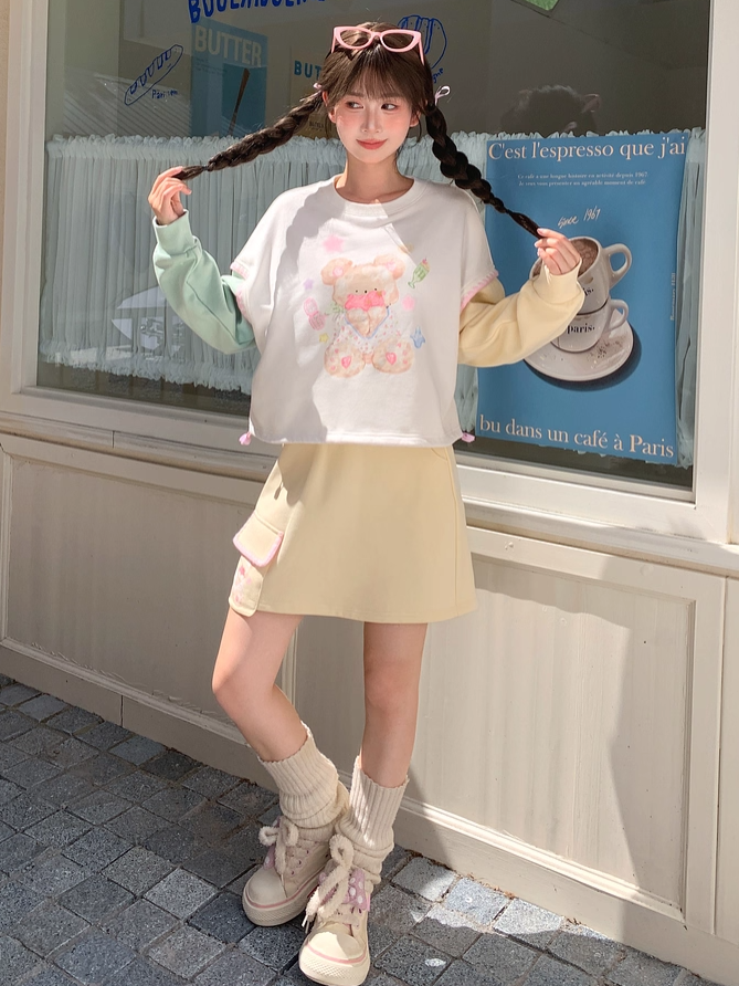 Green and Yellow Colorblock Design Teddy Bear Print Drawstring Hem Autumn Sweatshirt