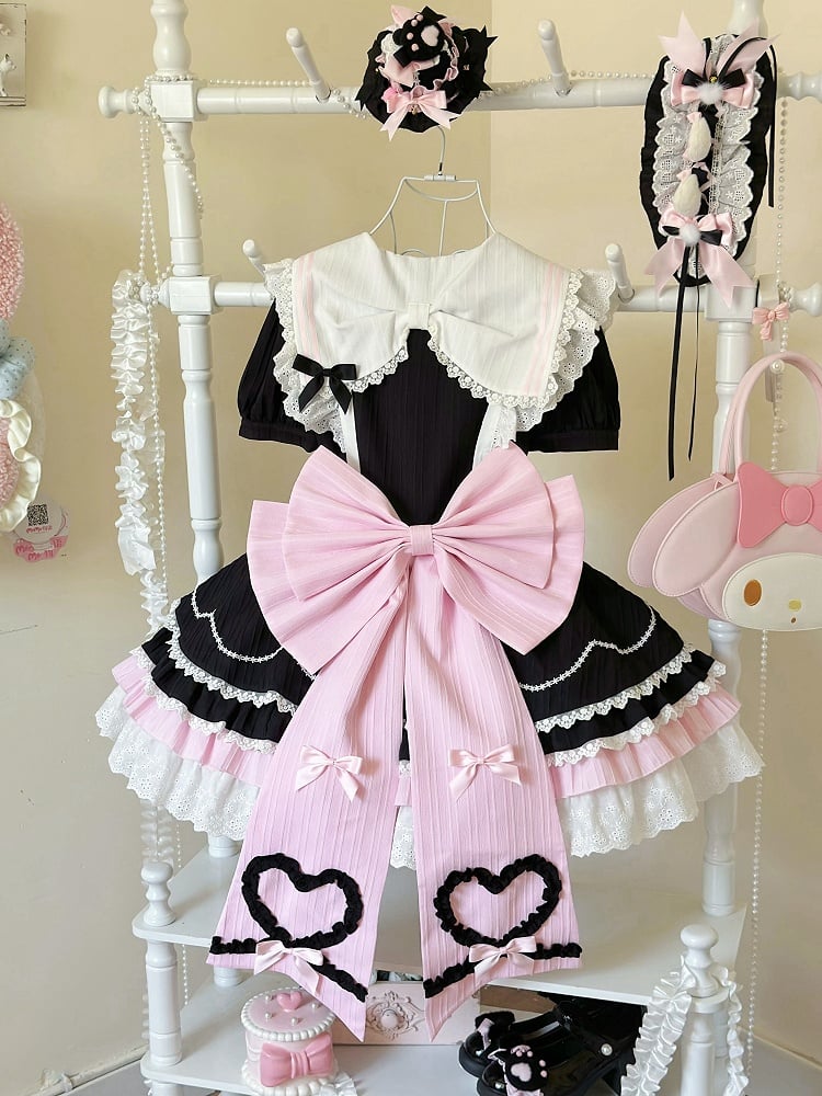 Black and Pink Sailor Collar Sweet Kitty Maid Lolita Dress with Heart Apron