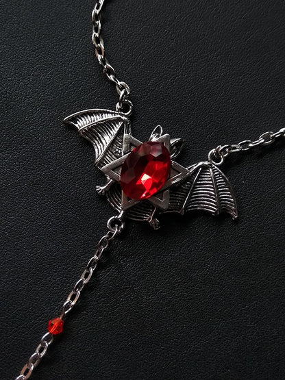 Hexagram Design Gothic Cross and Rhinestones Silver Bat Necklace