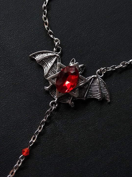 Hexagram Design Gothic Cross and Rhinestones Silver Bat Necklace