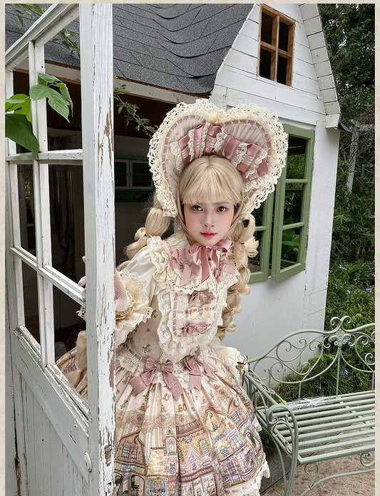 Cream/Green/Pink Lace-Trimmed Sweet Lolita Bonnet with Bows
