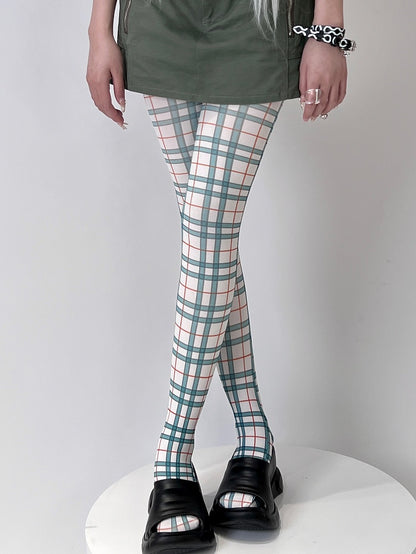 White&Green/Purple Y2K Plaid Tights