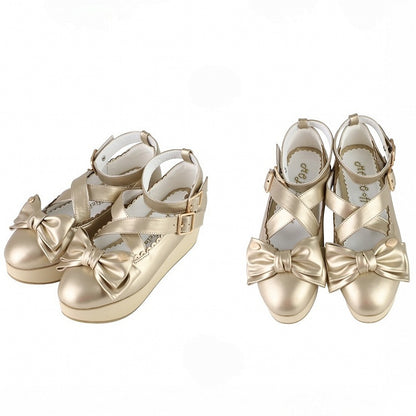 Wooden Look Platform & Bow at Top PU Golden Platform Mary Jane Shoes in Sweet Lolita