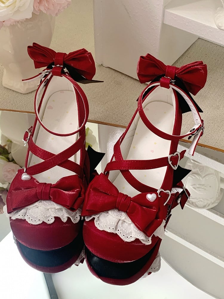Wine Red Crisscross Design Bow at Top Heart Buckles Sweet Lolita Shoes With Dual Detachable Buckle Ankle Straps