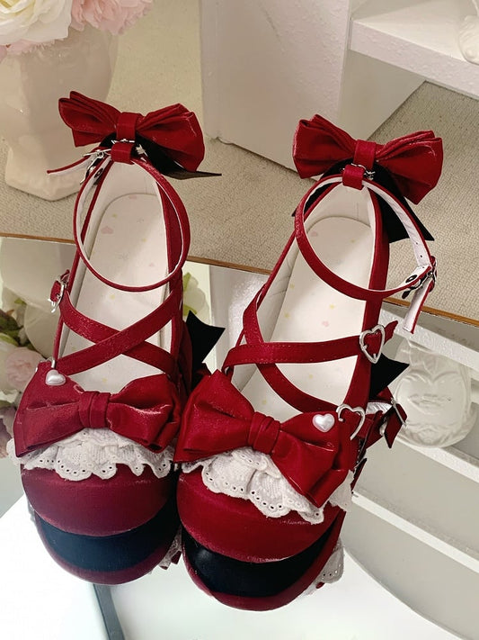 Wine Red Crisscross Design Bow at Top Heart Buckles Sweet Lolita Shoes With Dual Detachable Buckle Ankle Straps