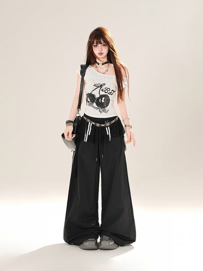 Asymmetrical Neckline Cherry Print Heart Rhinestones Black/White T-shirt