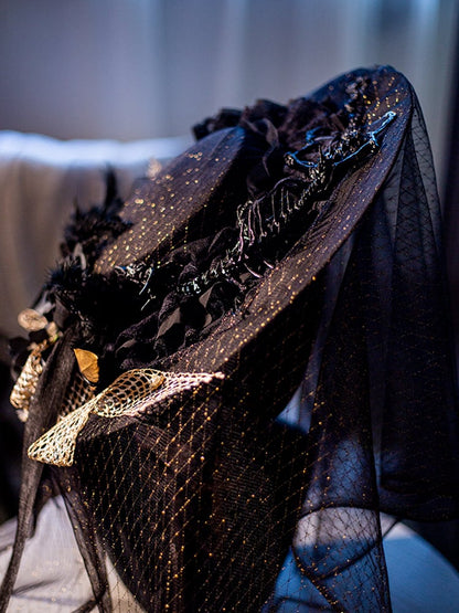 Black Floral Bowknot Feather Decorated Halloween Gothic Hat with Veil