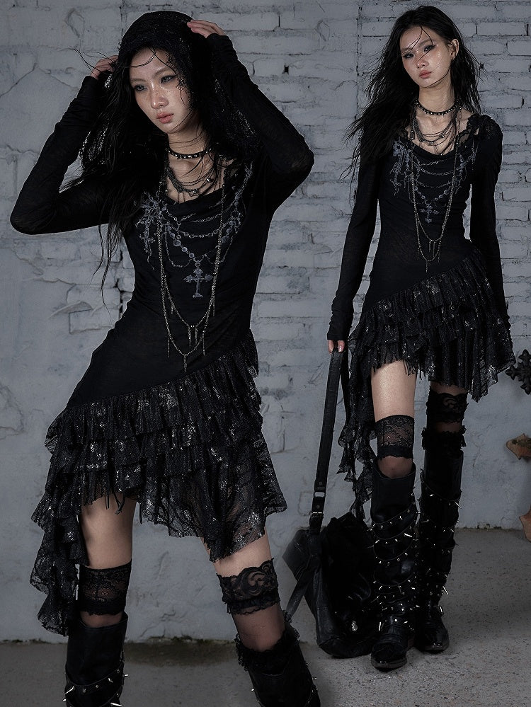 Black/Beige Wasteland Punk Cross Beaded Chain Print Lace Trim Dress