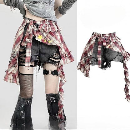 Y2K Bittersweet Black Distressed Holes Design Shorts + Leg Warmers + Red Plaid Accessory