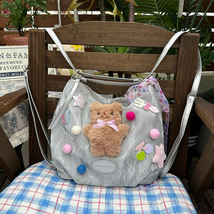 Silver Y2K Plush Teddy Bear Backpack/Shoulder Bag - Sweet-Edgy & Spacious for Commutes