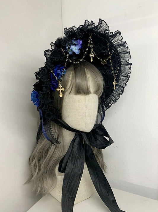 Gothic Cross Chains Black and Blue Floral Design Elegant Bonnet