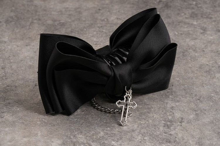 Black Gothic Bow Claw Clip with Cross Chain