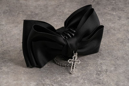 Black Gothic Bow Claw Clip with Cross Chain