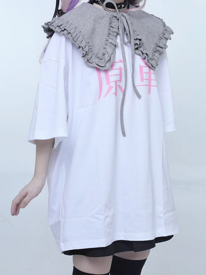White Jirai Kei Oversized Round Neck Graphic T-shirt