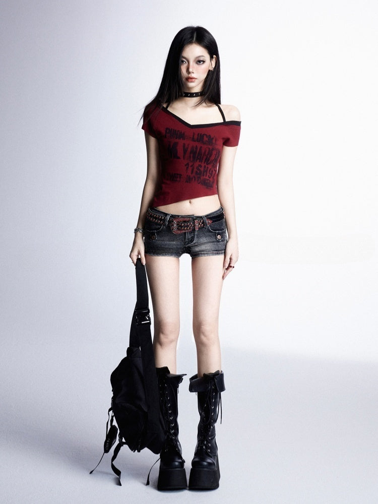 Y2K Red Halter Neck Asymmetrical Neckline and Hem Rock Punk Graphic Cropped T-shirt