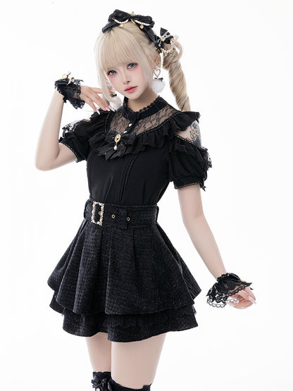Jirai Kei Black Illusion Neckline Cutout Shoulder Short Sleeve Blouse with Free Bowtie