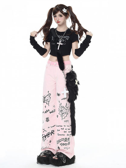 Graffiti Design Pink High Waist Wide-leg Jeans