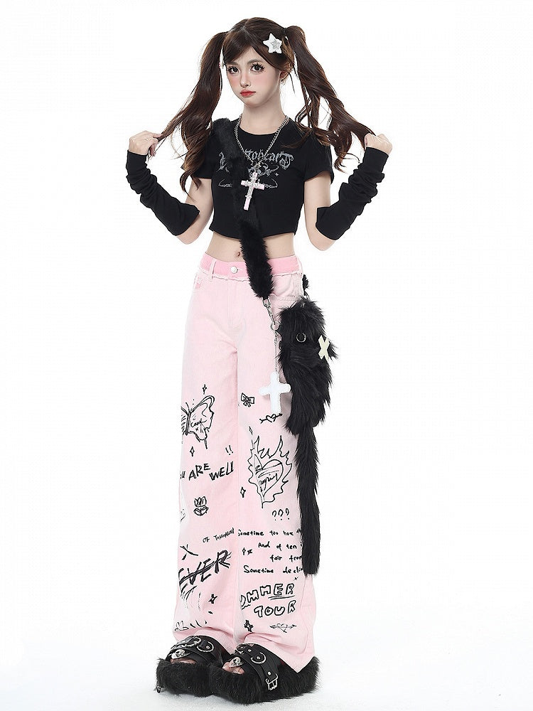 Graffiti Design Pink High Waist Wide-leg Jeans