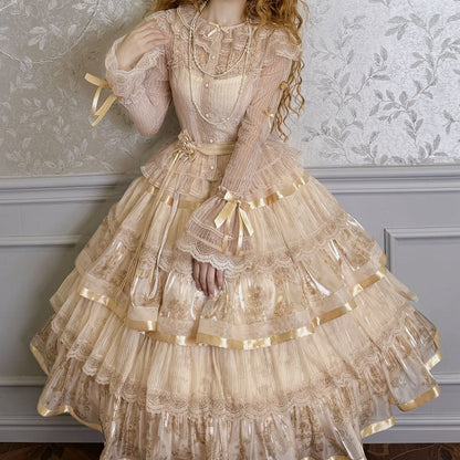 Champagne Bunny and Kitty Print Lolita Tiered Ruffle Skirt