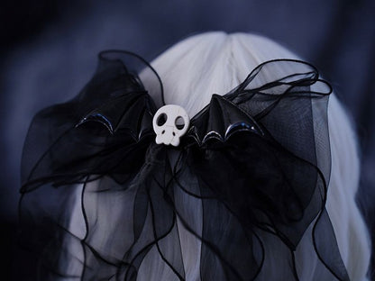 Gothic Skull Wings Black Organza Big Bow Hairclip