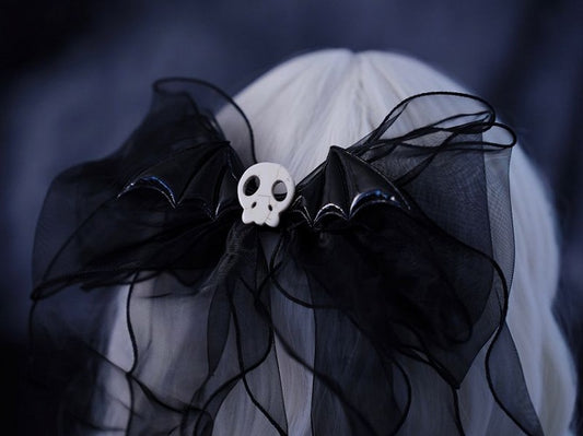Gothic Skull Wings Black Organza Big Bow Hairclip