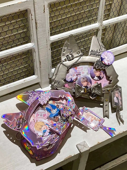 Kitty Ear Design Bowknot Studs Detail Pink PU Tote Ita Bag with Free Card Holder