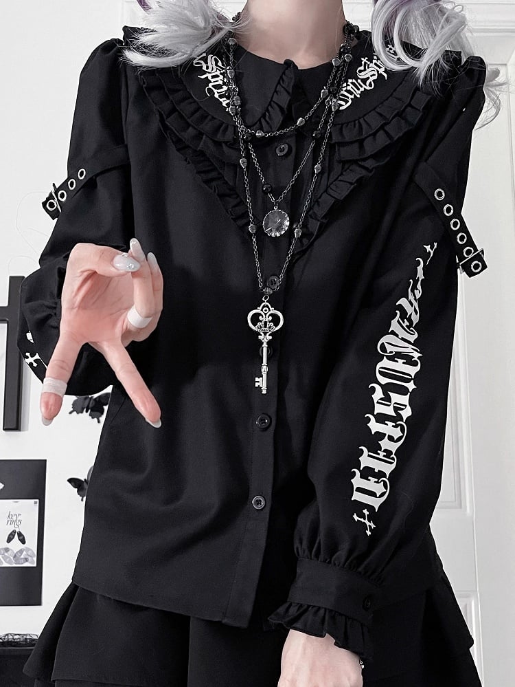 Black Emo Punk Peter Pan Collar Letter Print Buckle Details Blouse