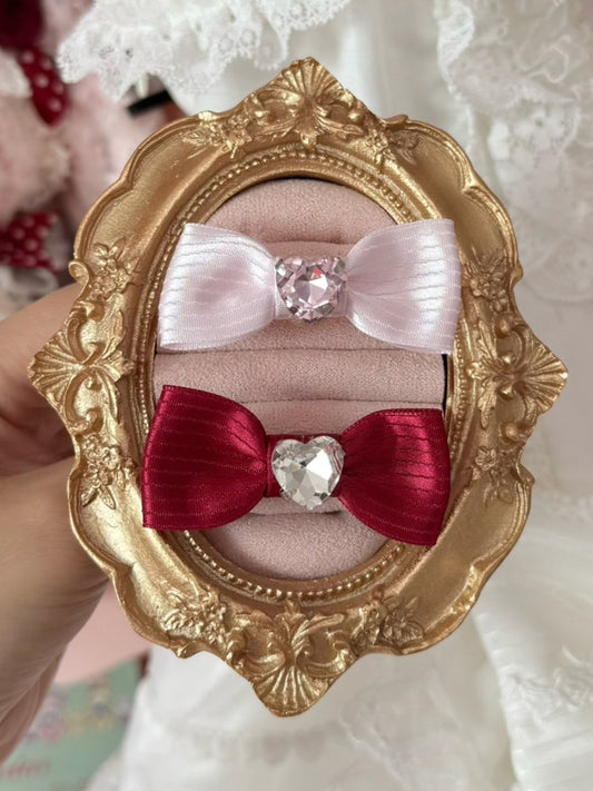 Pink/Wine Red Rhinestone Heart Decorated Striped Pattern Bowknot Ring