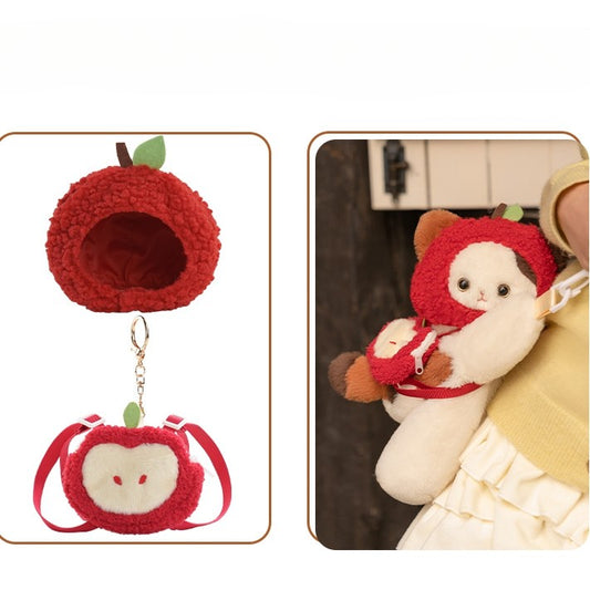 White Cute Kitty Heart Plush Backpack/Crossbody Bag + Red Apple Hat + Apple Backpack Keychian Middle/Large Size