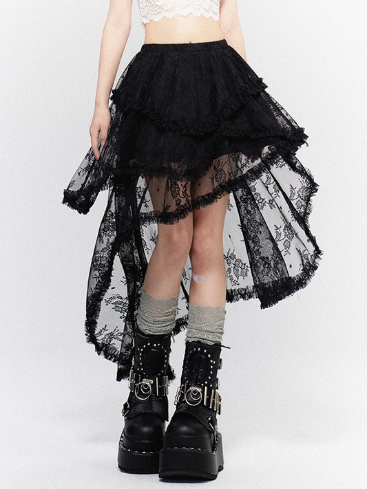 Black Asymmetrical Hem Tiered Lace Skirt