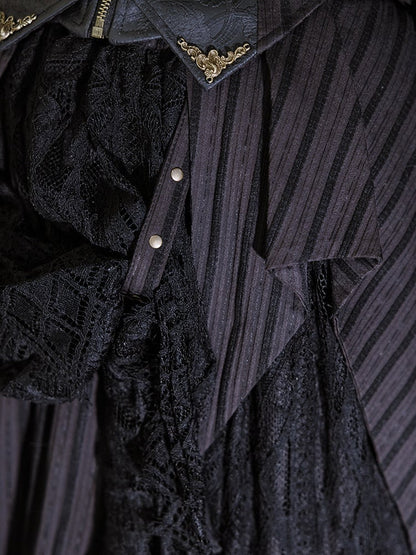 Gothic Black Lace Overlay Striped Skirt And Handkerchief Hem Train Set