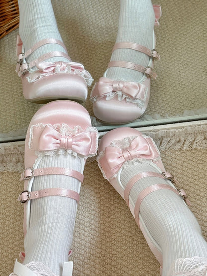 Sweet Pink Lolita Mary Janes - Ruffled Lace Edging, Ornate Bow & Dual Fasteners