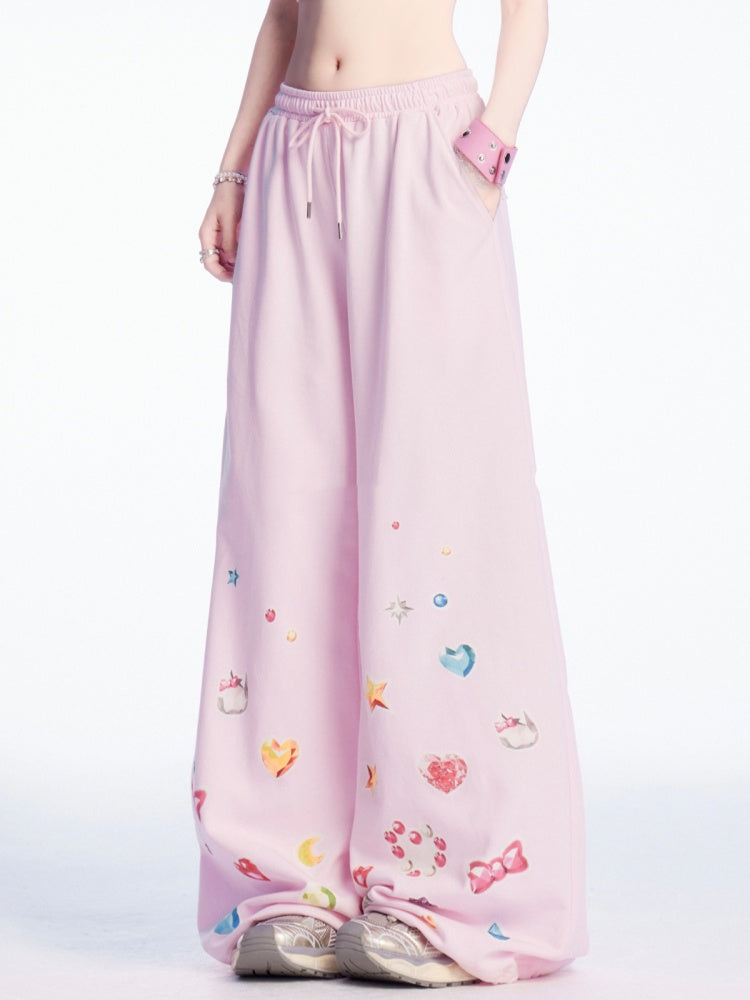 Adorable Print Pink Drawstring Waist Wide-Leg Casual Pants
